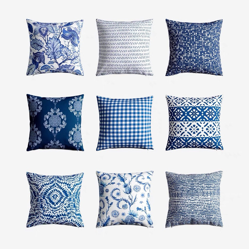 中式青花蓝色系花纹抱枕套 舒适超柔短毛绒靠枕套 TQ