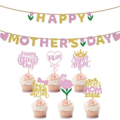 HAPPY MOTHER'S DAY 母亲节拉旗闪闪纸质拉花拉旗蛋糕插牌 YC