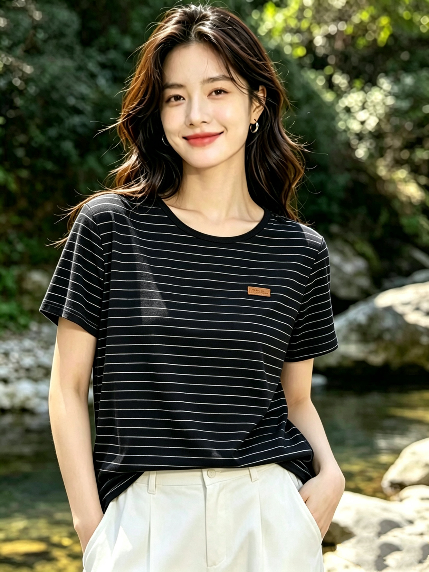 牵日红千日红夏款女装大码显瘦圆领条纹短袖T恤上衣FQ-6179
