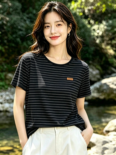 牵日红千日红夏款女装大码显瘦圆领条纹短袖T恤上衣FQ-6179