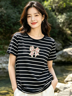 牵日红千日红夏款女装大码显瘦圆领条纹开叉短袖T恤上衣FQ-6195