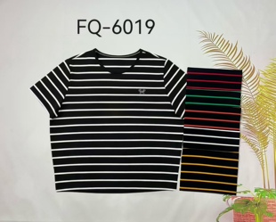 牵日红千日红夏款女装大码镶钻显瘦圆领条纹短袖T恤上衣FQ-6019