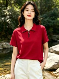 牵日红千日红夏款女装大码显瘦拉链polo纯色短袖T恤上衣FQ-6006