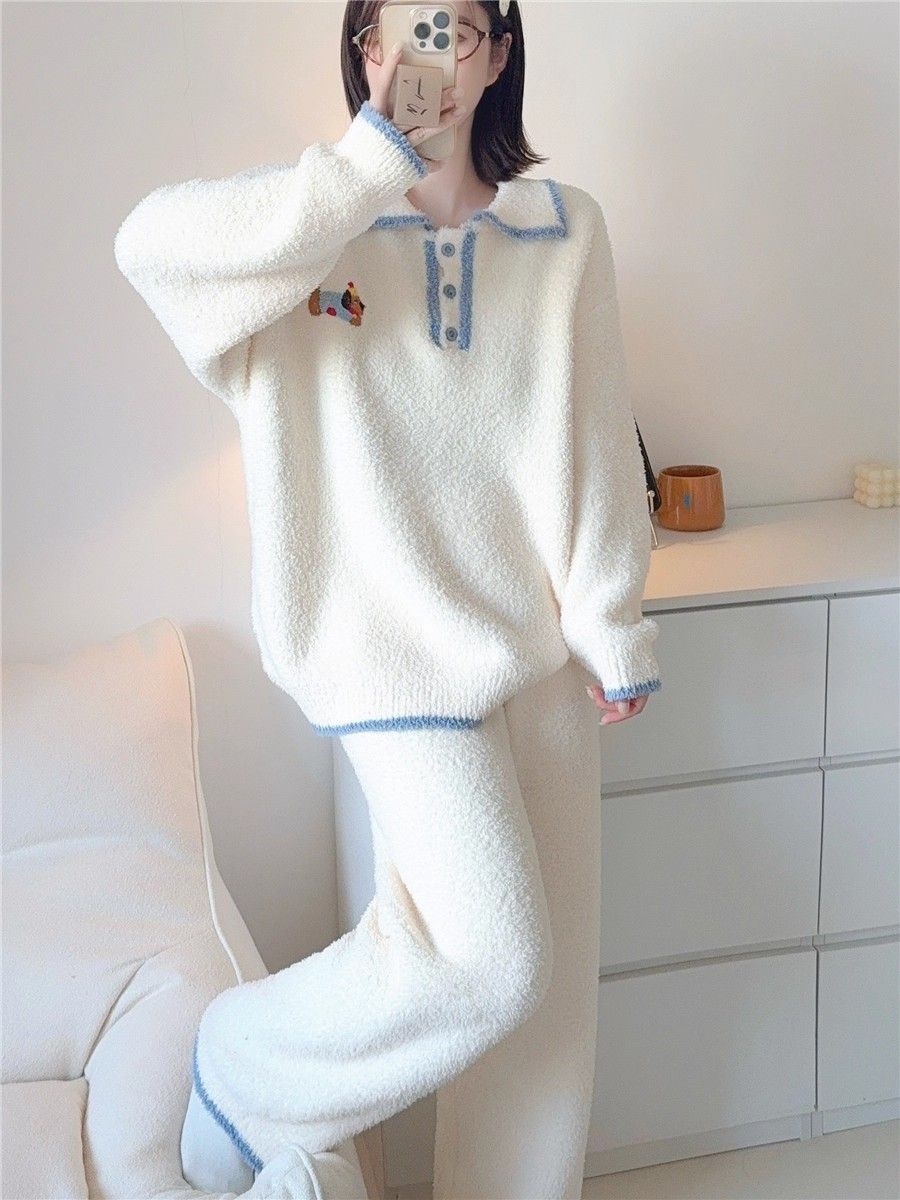 2025新款睡衣女甜美翻领加厚半边绒秋冬季针织珊瑚绒家居服套装