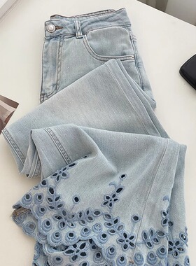 (现货)夏季美式设计复古高腰烫钻阔腿裤新蓝色复古时尚镂空牛仔裤