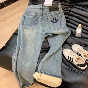 笑脸设计高腰牛仔裤女冬季新款加绒加厚百搭直筒哈伦裤子遮跨显瘦