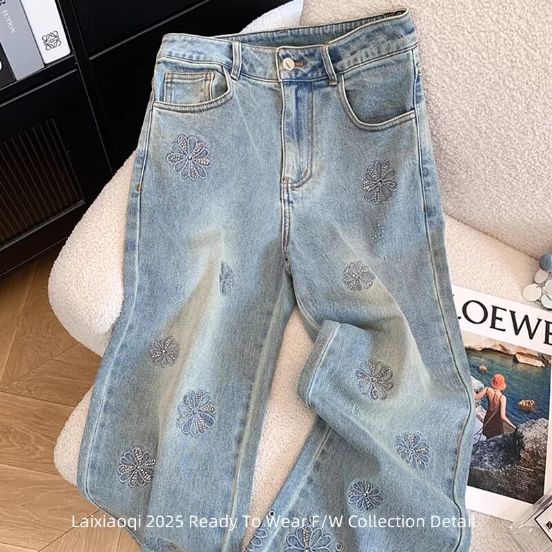 @杭州四季青高货！重工刺绣烫钻提花直筒牛仔裤女休闲显瘦九分裤