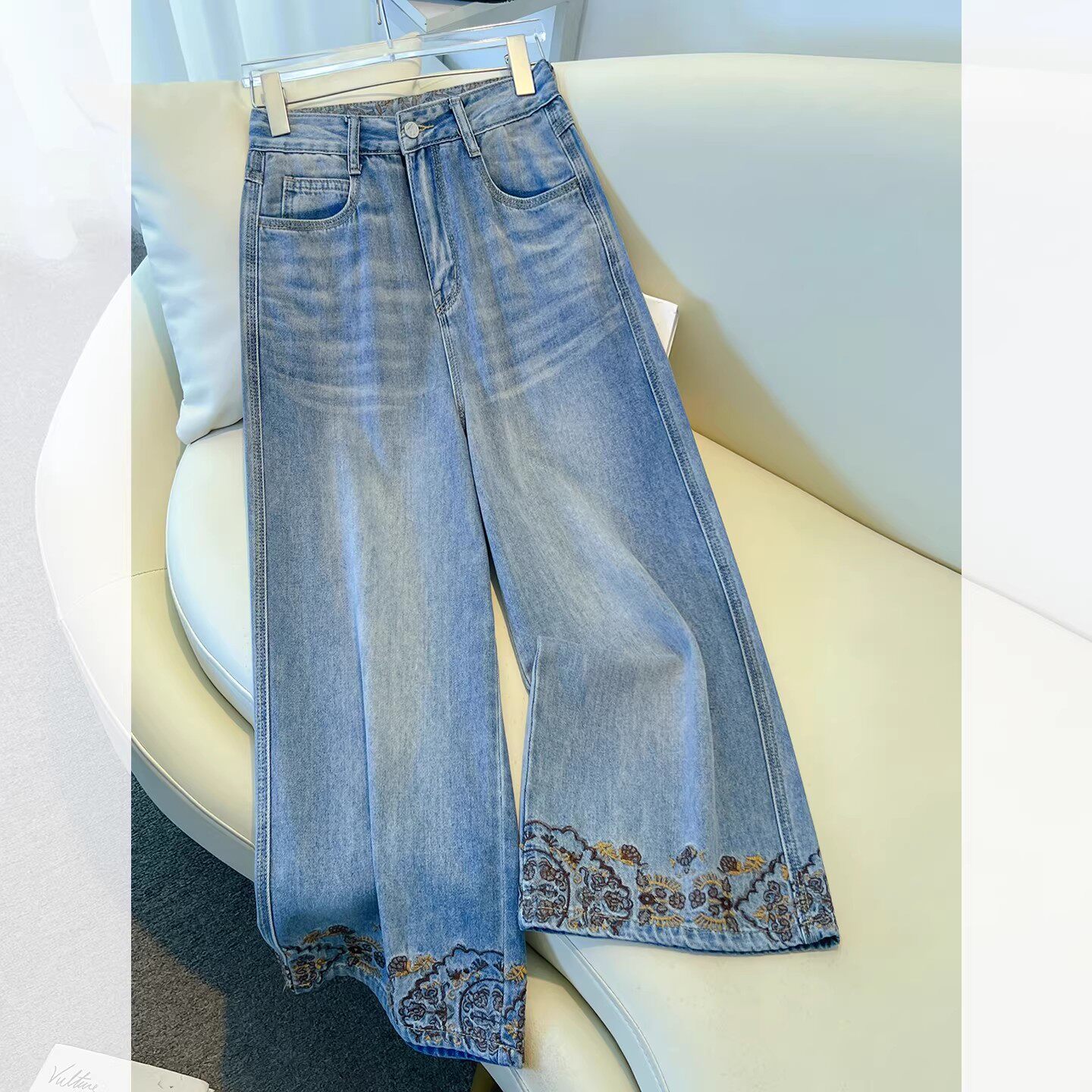 国风刺绣直筒牛仔裤女春季2026新款小个子八分裤松弛感宽松阔腿裤