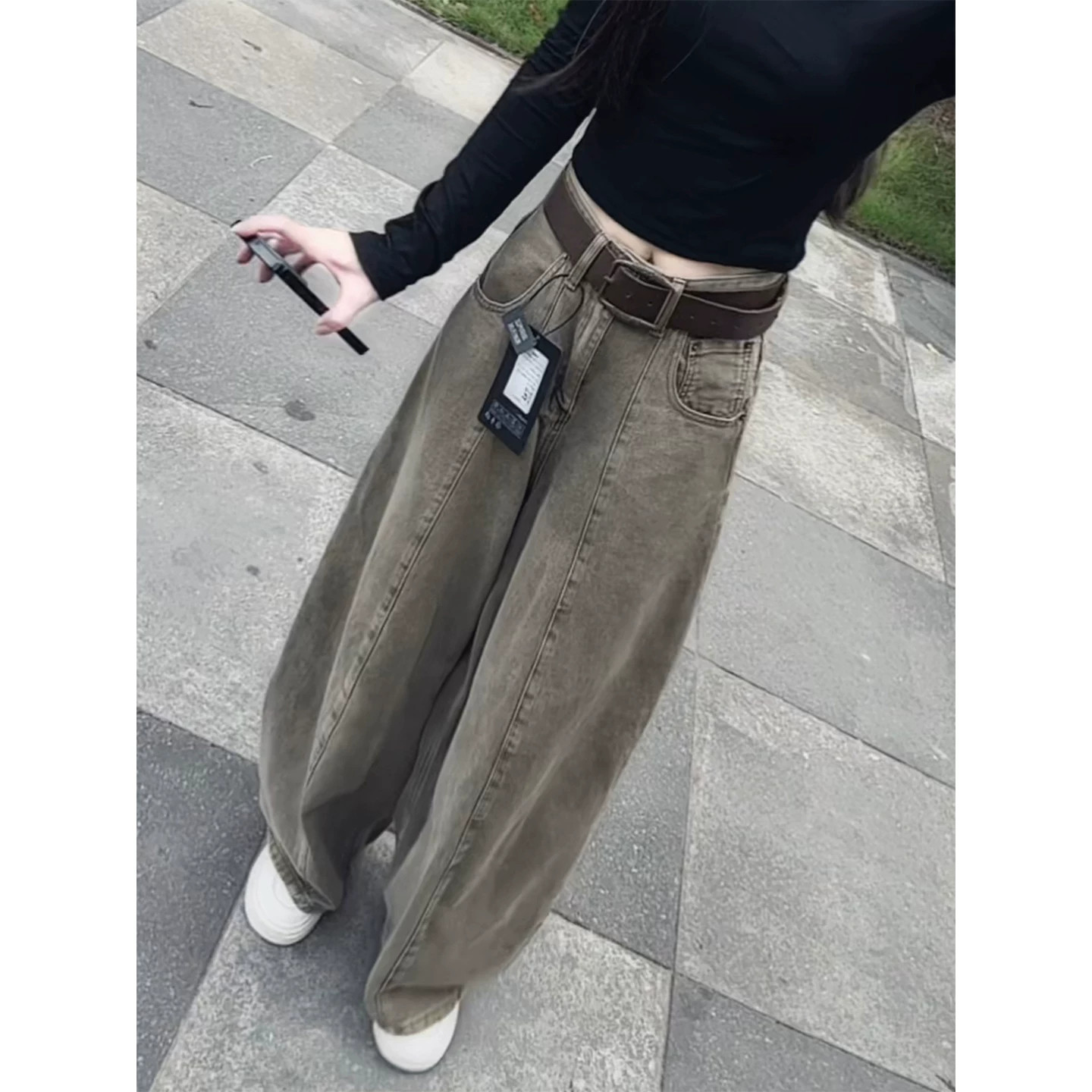 复古美式慵懒松弛感阔腿牛仔裤子女2026秋季新款中缝设计拖地裤子