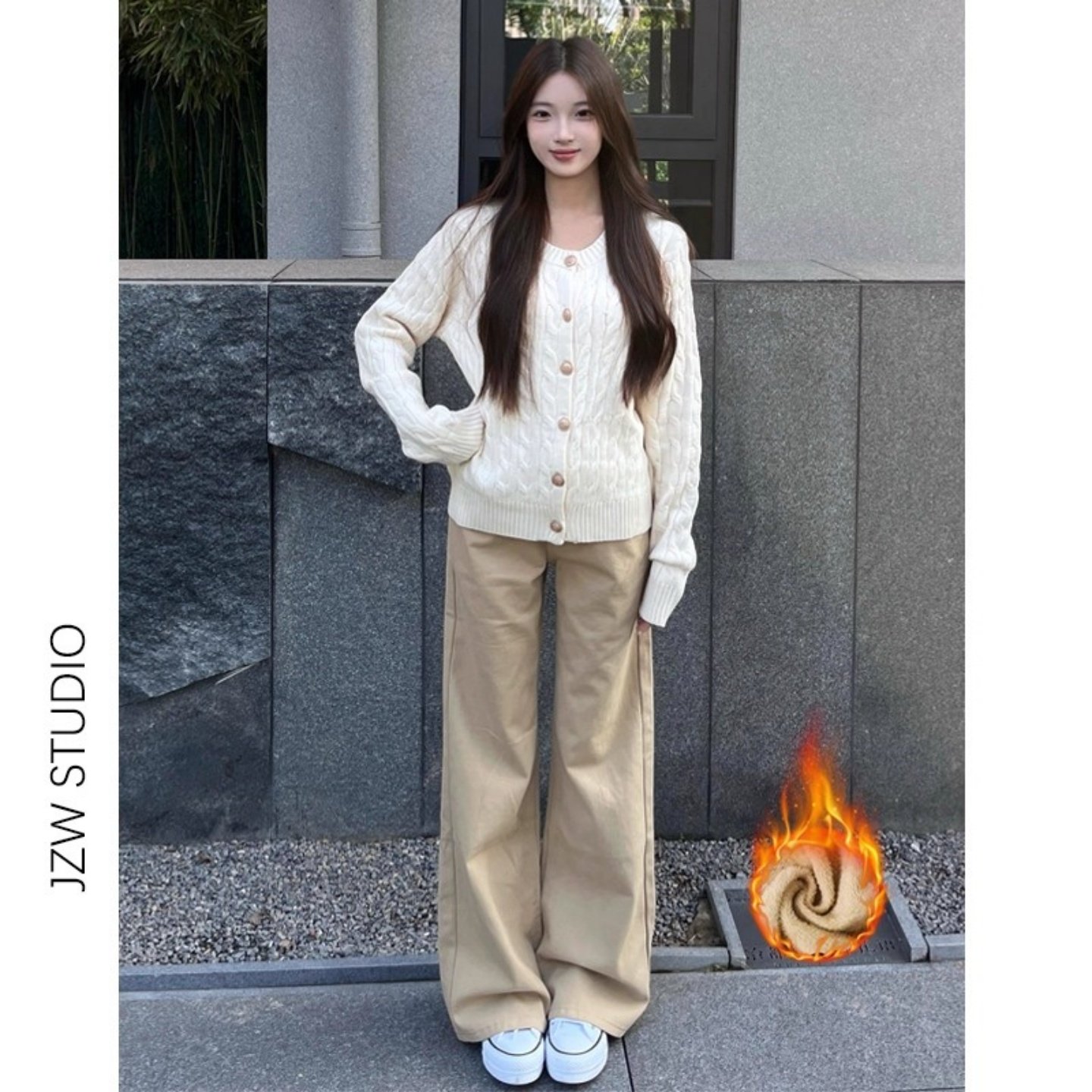 卡其色低腰加绒微喇牛仔裤女梨形搭配小个子宽松显瘦垂感拖地长裤