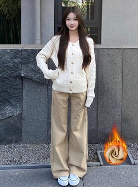 卡其色低腰加绒微喇牛仔裤女梨形搭配小个子宽松显瘦垂感拖地长裤