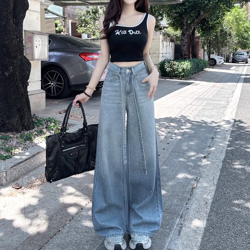 渐变色满天星烫钻薄款阔腿牛仔裤女2025新款夏季宽松小个子拖地裤