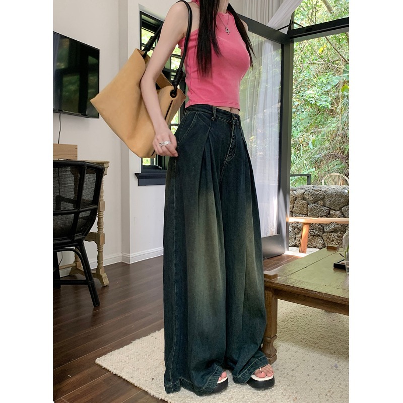 韩版垂感设计感复古牛仔裤女夏季高腰显瘦宽松阔腿裤拖地裤长裤子