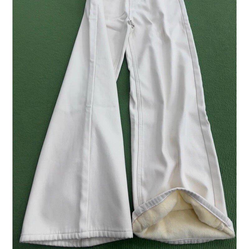 米白色加绒加厚阔腿牛仔裤女2025冬季新款高腰显瘦垂感直筒拖地裤