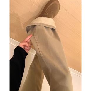 美式加绒加厚微喇牛仔裤女2026春季低腰显瘦卡其色喇叭拖地裤子