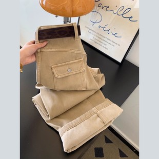 卡其色高端加绒加厚窄版阔腿牛仔裤女士秋冬季宽松梧桐直筒长裤子