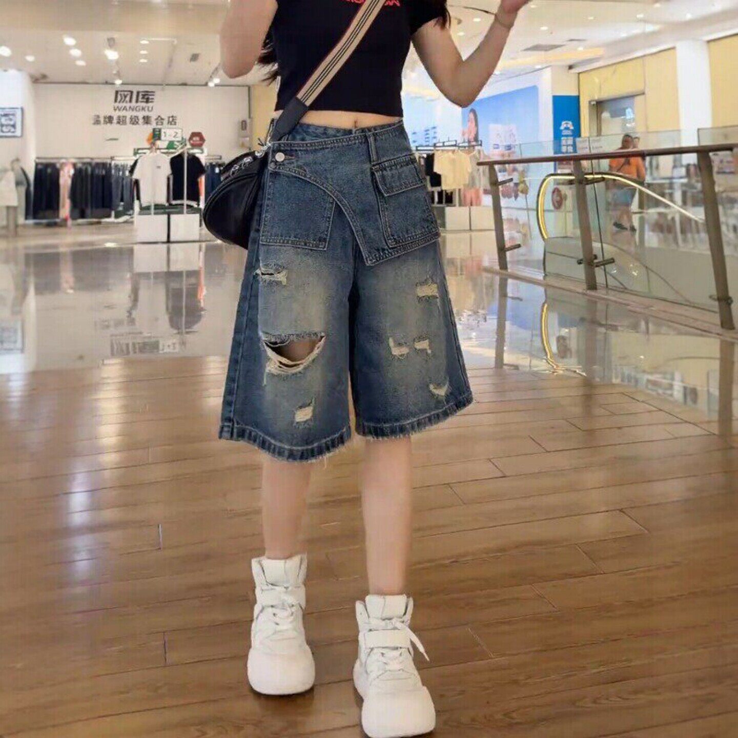 复古破洞牛仔短裤女夏季新款梨型身材大码显瘦高腰阔腿美式五分裤
