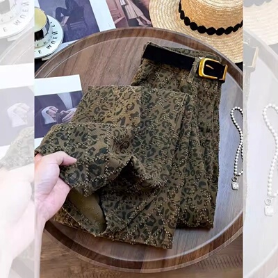 美式高街复古豹纹牛仔裤女2026年春夏直筒阔腿拖地裤显瘦长裤子潮