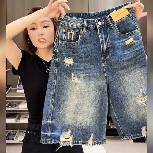 2026夏季美式个性破洞时尚新款牛仔短裤女宽松遮肉洋气五分阔腿裤