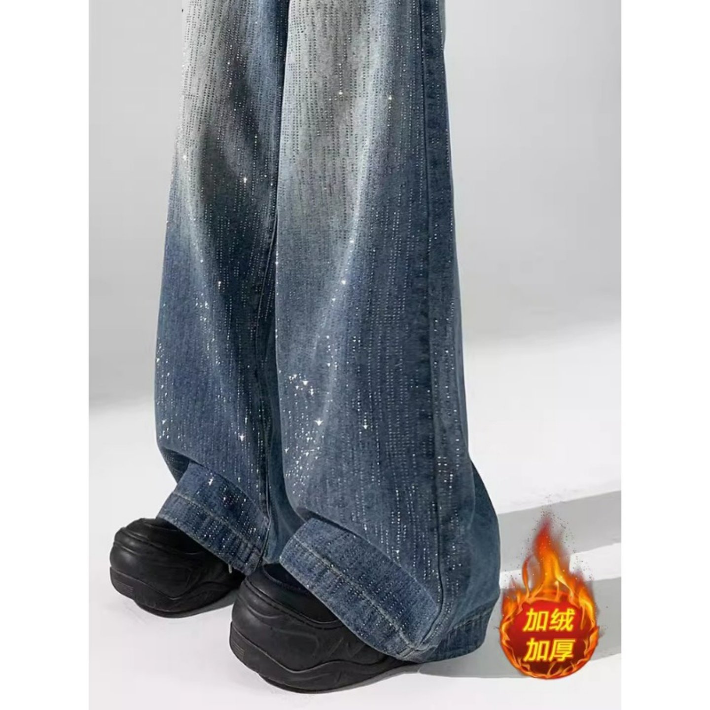 美式复古满天星闪闪烫钻阔腿牛仔裤女冬季新款宽松加绒拖地直筒裤,女装/女士精品,牛仔裤,淘宝优惠券,粉丝福利购,淘宝优惠卷