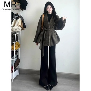 黑色不贴腿微喇叭牛仔裤女2025新款冬季加绒宽松垂感高腰拖地裤子