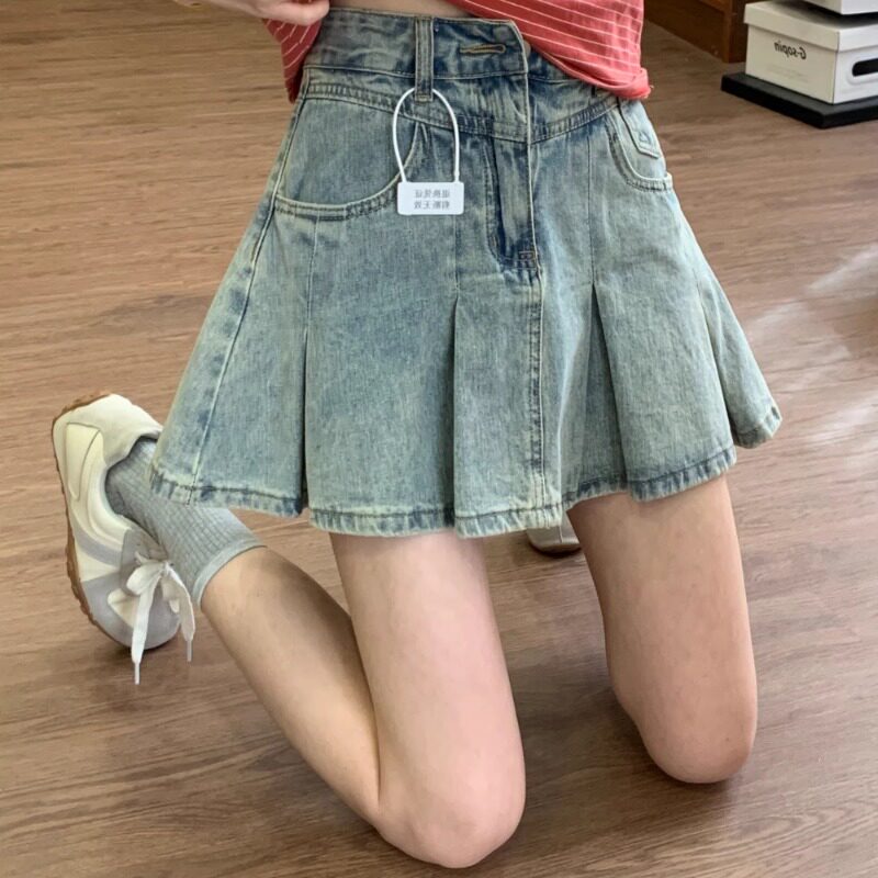 蓝色百褶牛仔短裙女潮ins夏季胖mm遮肉显瘦百搭梨型身材a字半身裙