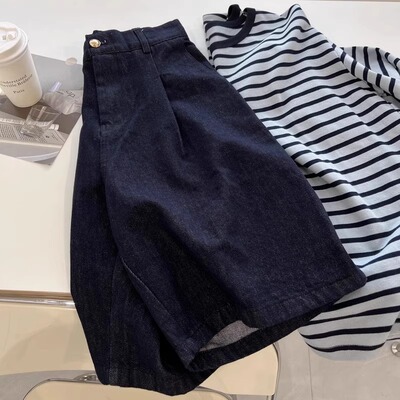 韩版复古高腰牛仔短裤女2026年夏季薄款大码显瘦慵懒五分直筒裤子