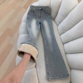 女冬季 新款 大码 加绒加厚浅蓝色微喇牛仔裤 胖mm高腰显瘦弹力喇叭裤