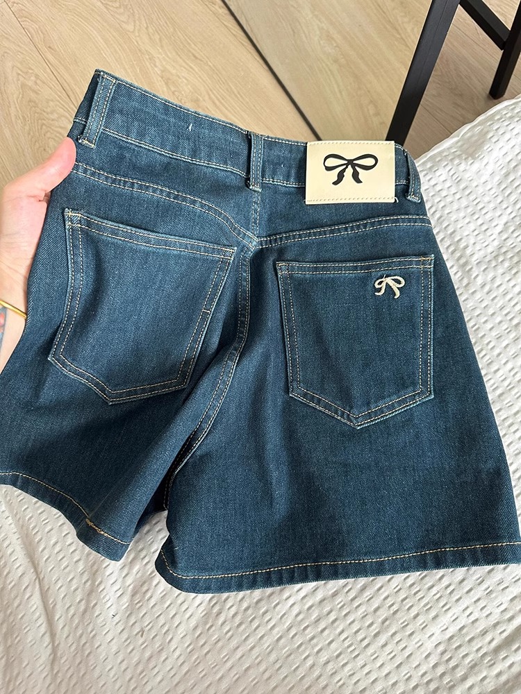 复古蝴蝶刺绣深蓝色牛仔短裤女夏季高腰显瘦a字阔腿包臀超短裤子
