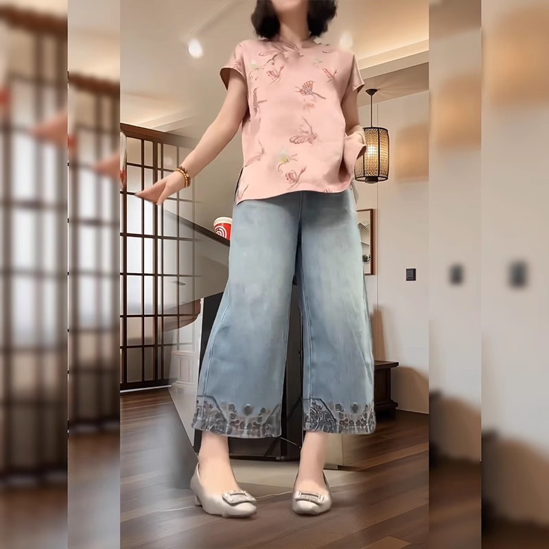 欧货高端重工刺绣牛仔裤女夏季薄款大码胖mm宽松显瘦八分阔腿裤