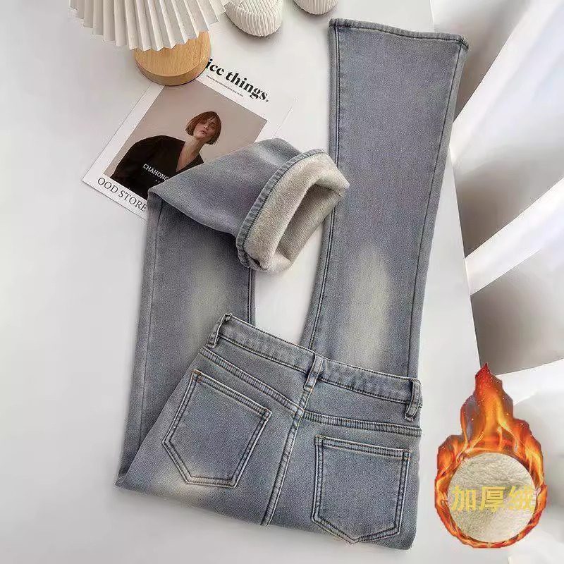 浅蓝色加绒加厚高腰微喇叭牛仔裤女冬季新款显瘦百搭复古马蹄长裤