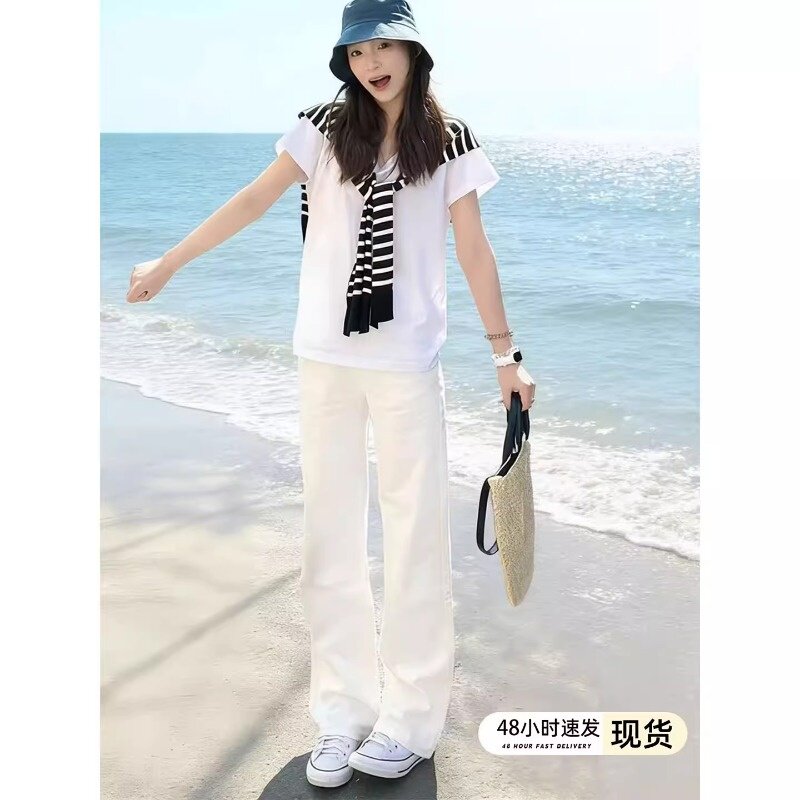 白色窄版阔腿牛仔裤女春季新款高腰宽松显瘦垂感小个子直筒拖地裤