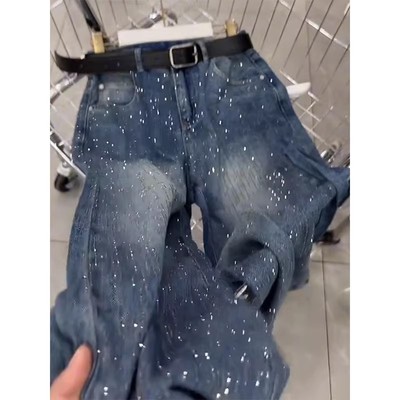 复古加绒重工烫钻阔腿牛仔裤女2026春季新款高腰垂感直筒拖地长裤