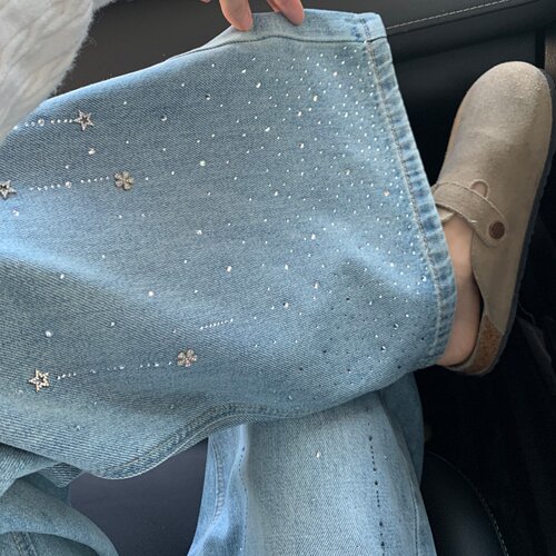 浅蓝色烫钻阔腿牛仔裤女春季新款胖mm宽松显瘦设计感百搭直筒裤子