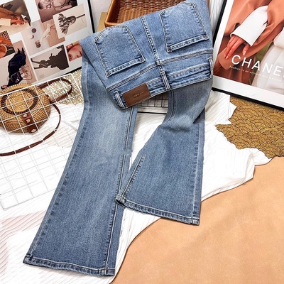 腿精!蓝色高腰微喇牛仔裤女春季2025新款修身显瘦弹力复古喇叭裤
