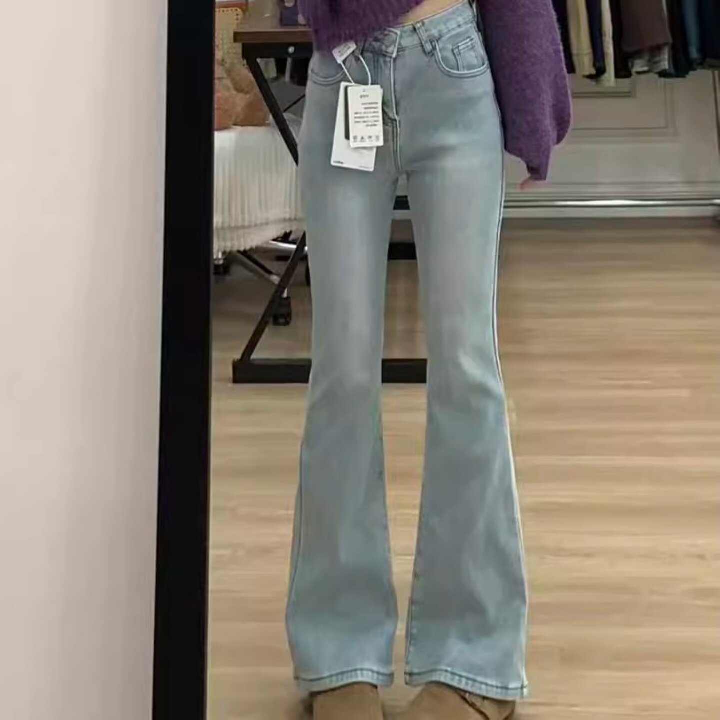 浅色美式微喇叭牛仔裤女秋冬加绒高腰显瘦弹力小个子复古马蹄裤子