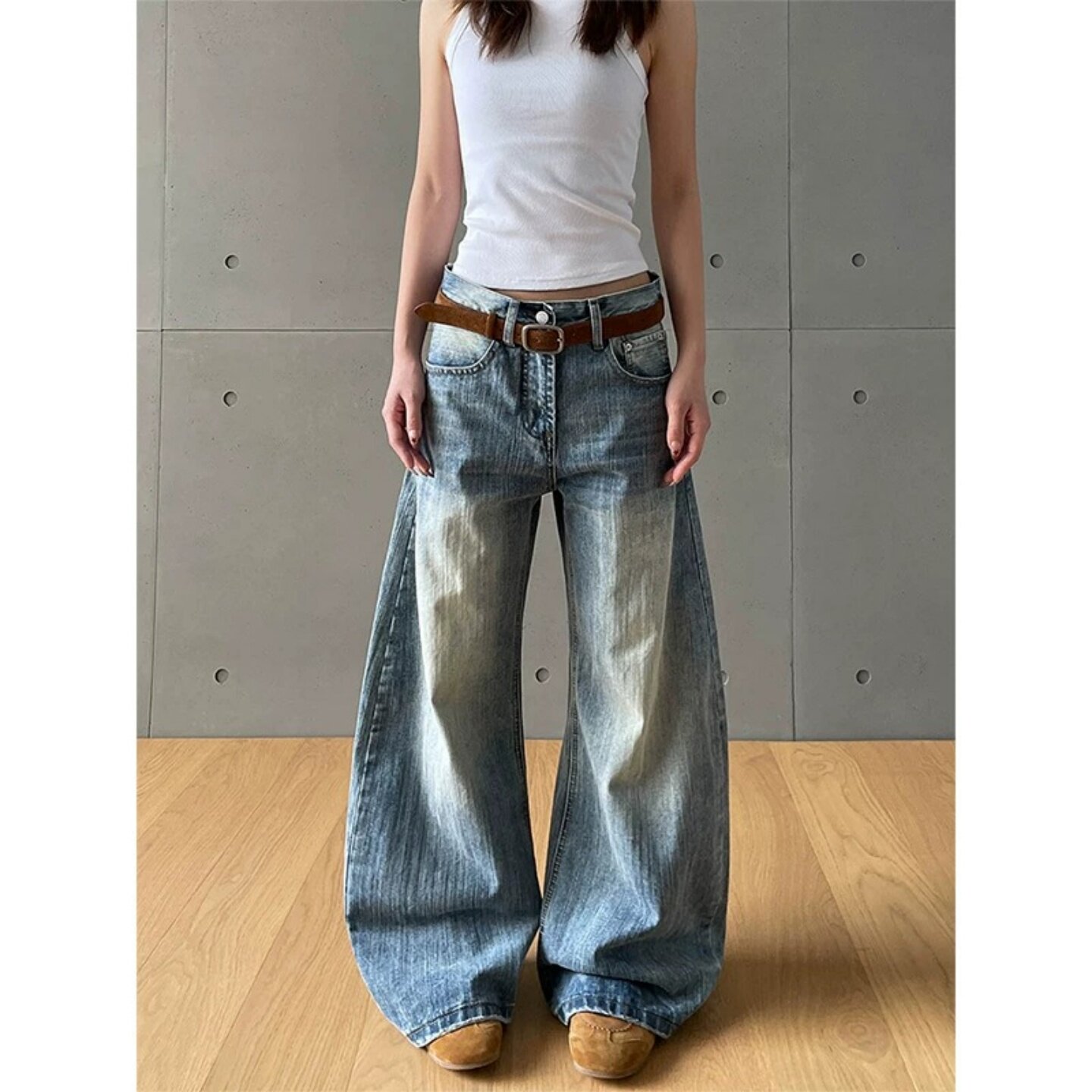 美式宽松水洗竹节纹弯刀牛仔裤女2026夏季新款高腰直筒阔腿长裤子