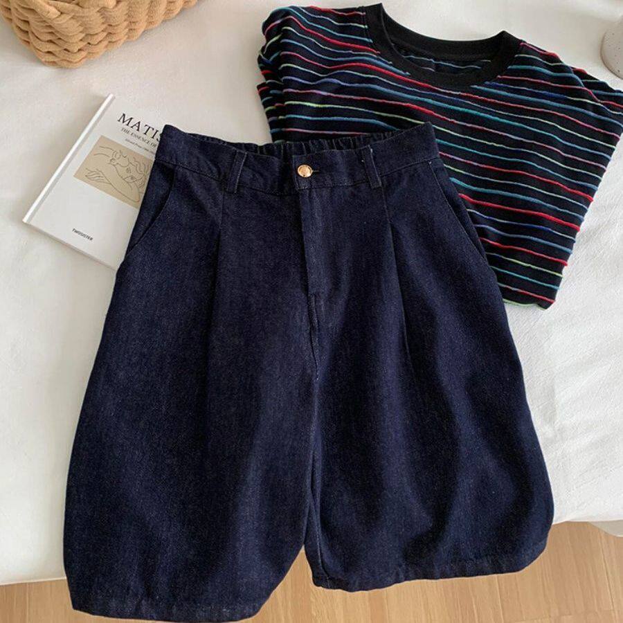 无D推荐!韩系复古深蓝色亚麻牛仔短裤女夏高腰显瘦A字五分休闲裤