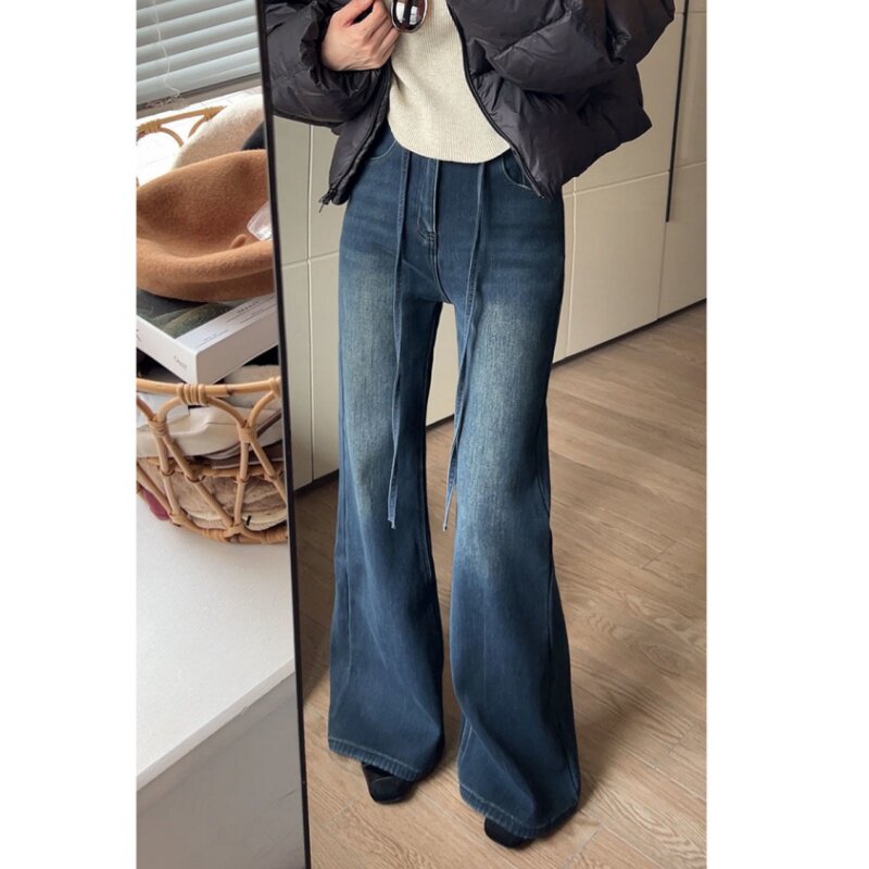 加绒加厚高腰系带牛仔裤