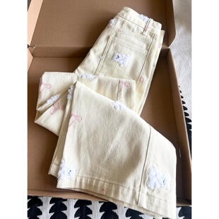 美式大码胖mm小熊刺绣牛仔裤女秋季新款裤子宽松显瘦直筒阔腿裤