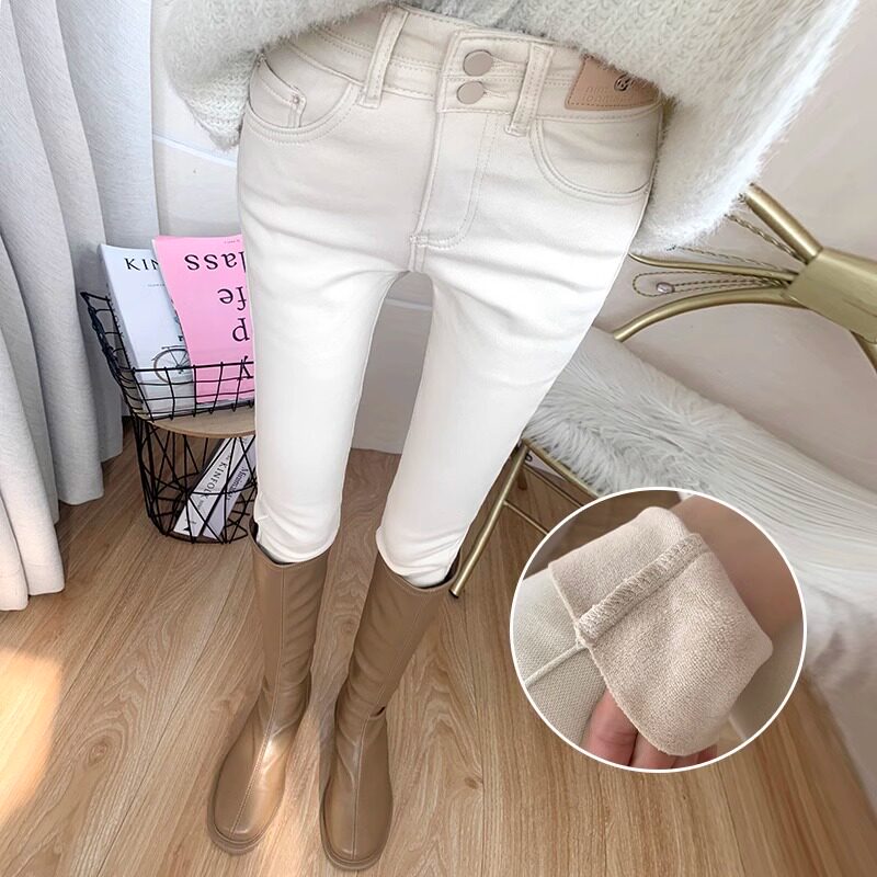 洋气米白色高腰百搭牛仔裤女2025秋冬季加绒加厚保暖修身小脚裤潮
