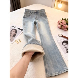 浅色加绒加厚微喇牛仔裤女冬季大码胖mm高腰遮胯小个子弹力喇叭裤