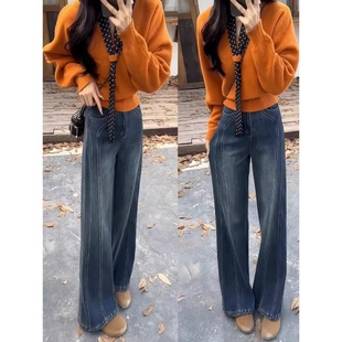 弹力牛仔裤加绒微喇裤大码胖mm修身显瘦裤子冬季复古蓝阔腿喇叭裤