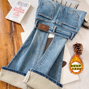 浅蓝色加绒弹力喇叭牛仔裤女2025年冬季新款高腰显瘦加厚长裤子潮