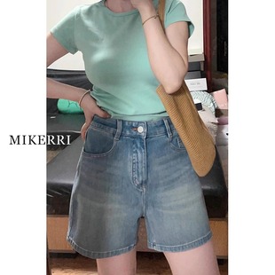 胖mm宽松显瘦梨形身材a字阔腿热裤 复古蓝牛仔短裤 大码 女夏季 新款