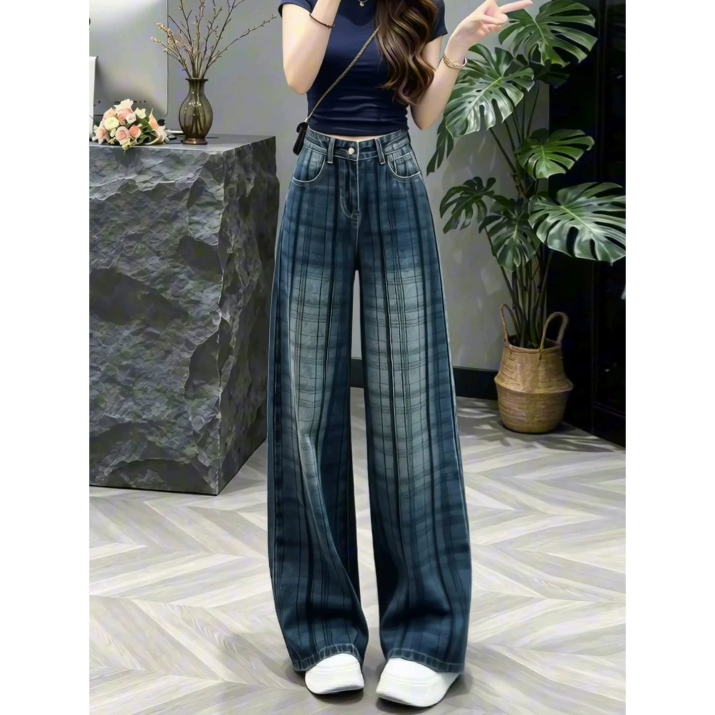 美式格子直筒牛仔裤女胖妹妹大码2026秋季新款高腰显瘦弯刀阔腿裤