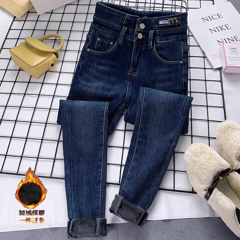 巨显瘦！必入深蓝色牛仔裤女加绒加厚高腰弹力修身小脚裤靴裤冬季
