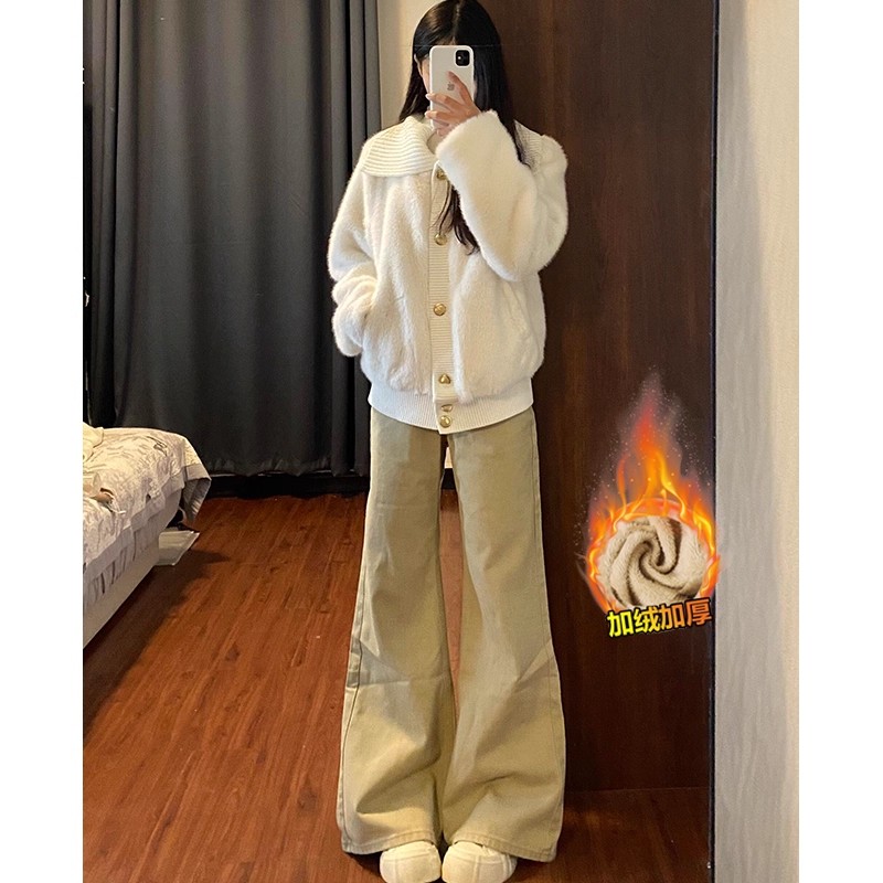 卡其色加绒加厚不贴腿微喇牛仔裤女2025冬款低腰垂感小个子直筒裤