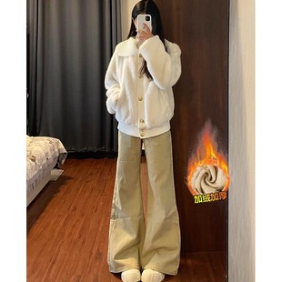 卡其色加绒加厚不贴腿微喇牛仔裤女2025冬款低腰垂感小个子直筒裤