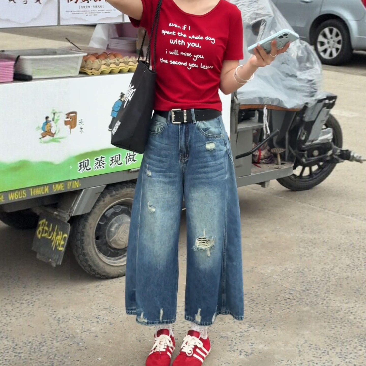 八分破洞牛仔裤女2026夏季薄款大码梨形身材小个子复古高腰阔腿裤